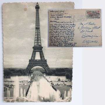 Jeanne sent this postcard from Paris home to her mother days before Wilson, Keppel and Betty started a residency at the Soho Cabaret. On the reverse (inset) she wrote: “We open on Saturday… it is going to be a very lavish production. Cross your fingers Saturday night that we are a success.”