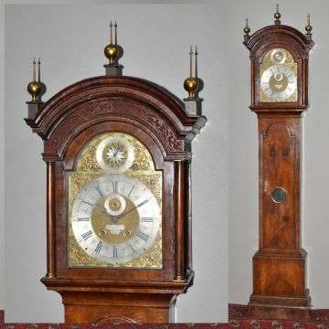 A William and Mary walnut veneered longcase clock of one month duration, by Samuel Stretch of Bristol, c.1730, estimated at £1,000 to £1,500.