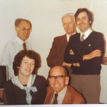 This photo from the early 1980s shows Sue with some of her original colleagues, clockwise from left, John Banton, Geoff Bamford, Michael Wetson and Wilf.