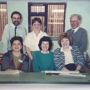 A photo c.1990s at The Lichfield Auction Centre with Sue French, centre front, and colleagues, clockwise from left, Pippa Bowen, Michael Wetson, Elaine Axton, John Banton and Fiona Walters.