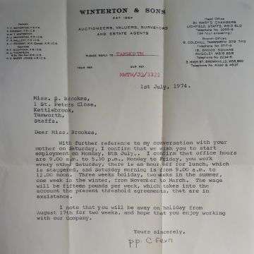 The original letter confirming Sue’s start date in 1974.